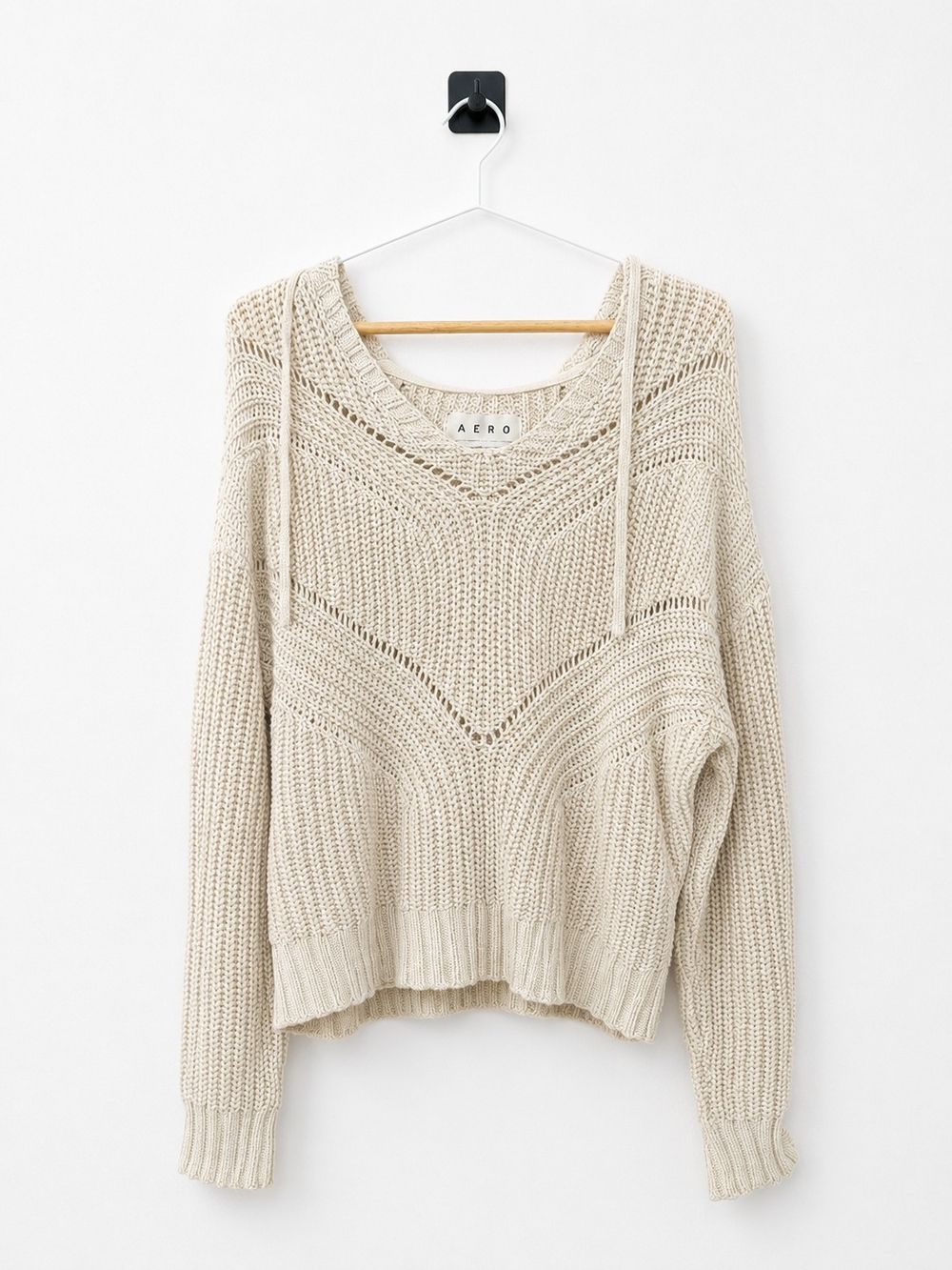 Aeropostale Cream V-Neck Knit Hoodie Sweater